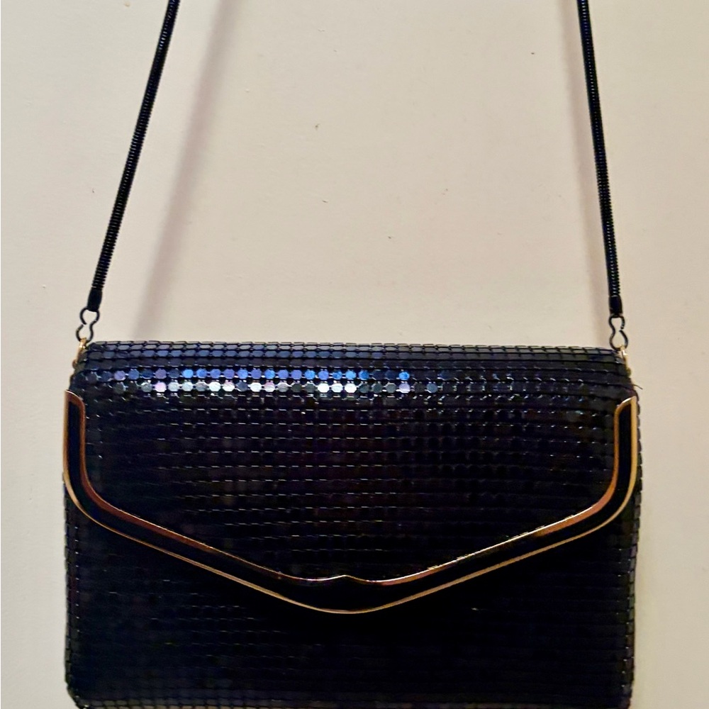 Vintage Black Sequin Evening Shoulder Bag/ Clutch with Gold Trim - Picture 8 of 12
